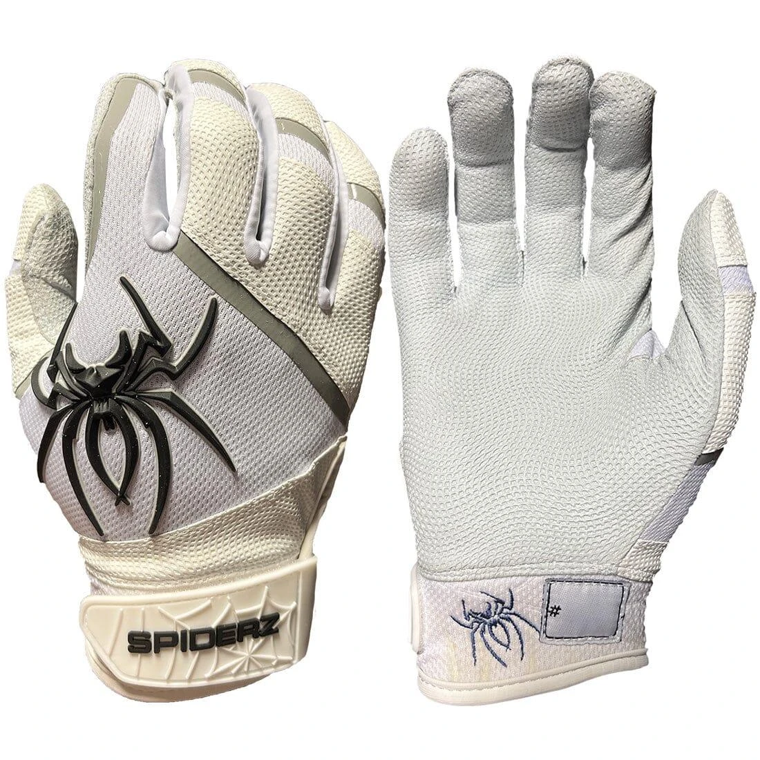 2023 Spiderz Pro Model Batting Gloves: White/Black/Silver