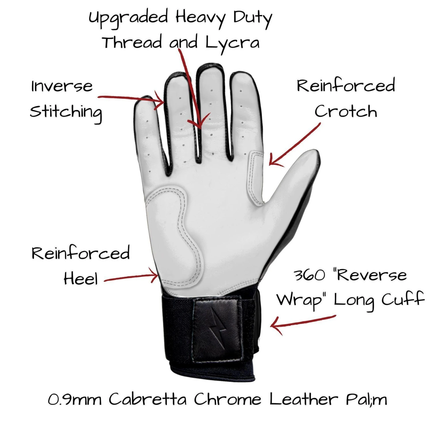 Bruce Bolt PREMIUM PRO Chrome Series Long Cuff Batting Gloves: Black - Image 3
