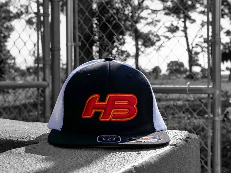 Headbanger Sports I8501 Cap America Flexfit Performance Trucker Mesh Back Hat: Black / White / Sunset